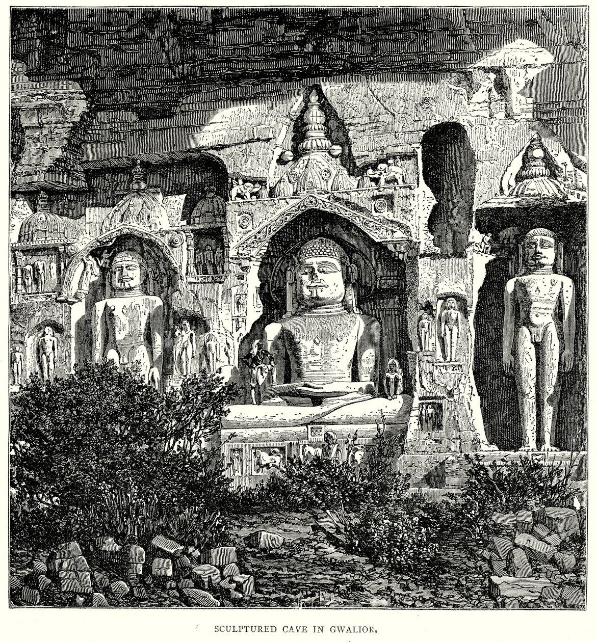 Skulpturierte Höhle in Gwalior (Gravur) von English School