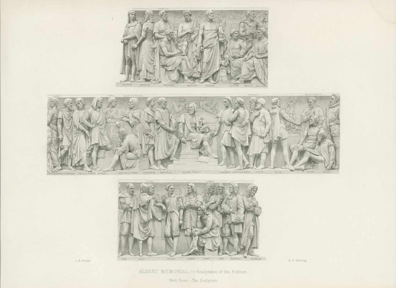 Skulpturen auf dem Podium des Albert Memorial (Gravur) von English School