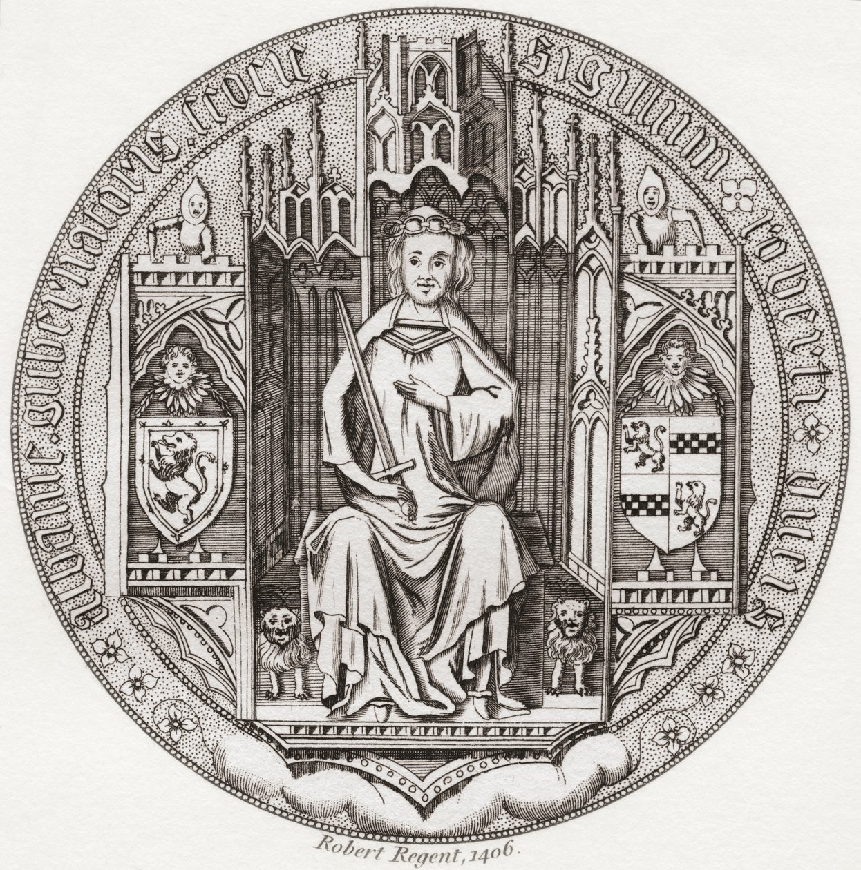 Siegel von Robert Stewart, Herzog von Albany, ca. 1340 – 1420. Mitglied des schottischen Königshauses, Regent, Gouverneur von Schottland, Herzog von Albany, Earl of Fife & Menteith. Aus Iconographia Scotica oder Porträts berühmter Personen Schottlands, ver von English School