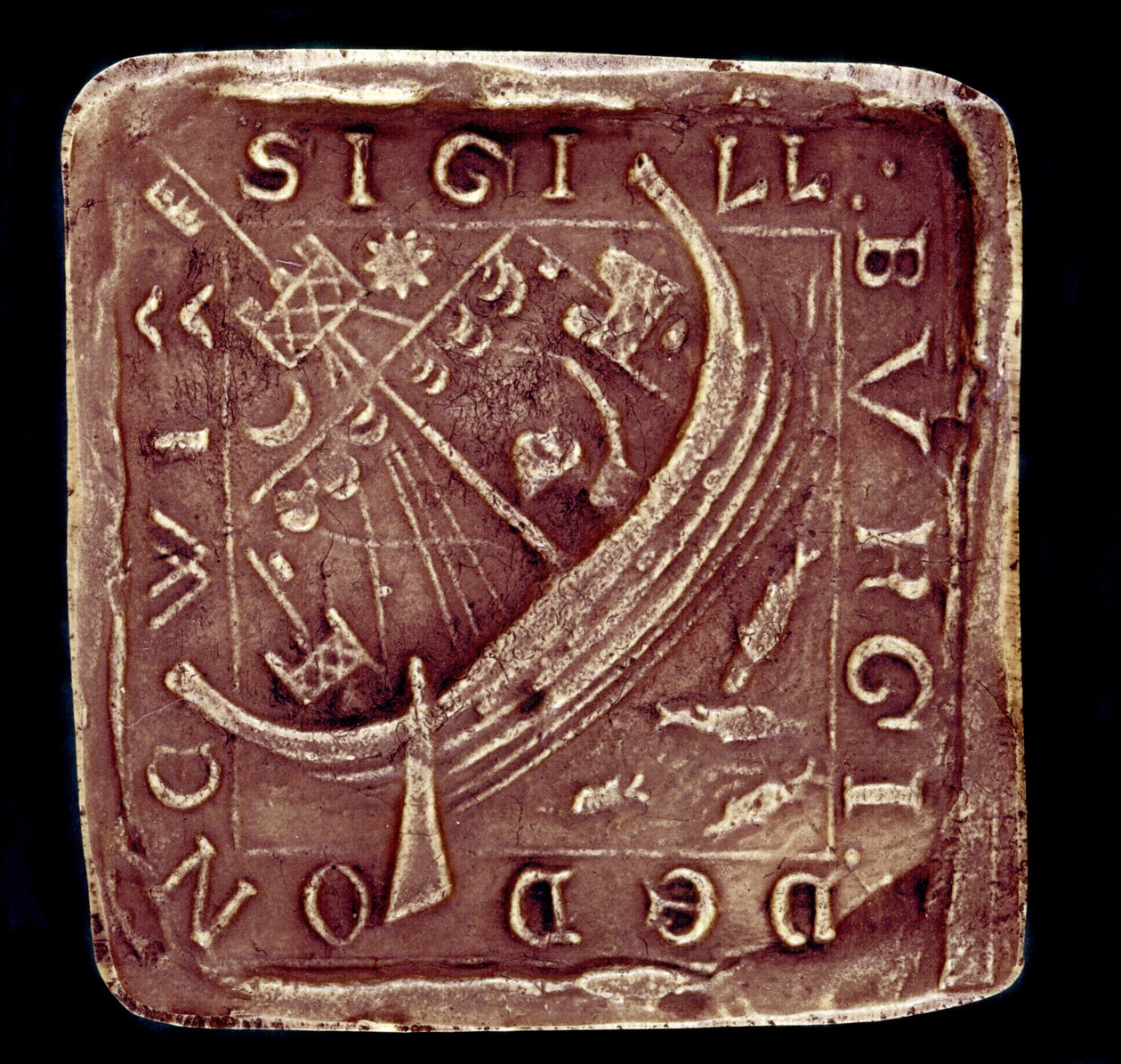 Siegel der Stadt Dunwich in Suffolk. Ein Schiff ist in einem stürmischen Meer dargestellt, wahrscheinlich ein Hinweis auf die Stürme, die Teile der Stadt 1286 und 1347 zerstörten. 14. Jahrhundert. Paris, Nationalarchiv von English School