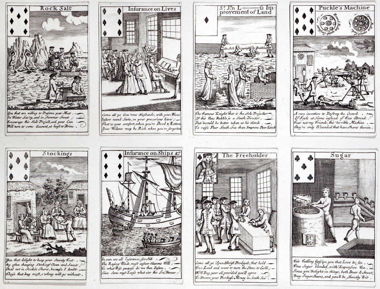 Kartenspiel mit satirischen Szenen aktueller kommerzieller Unternehmungen und Investitionen von English School