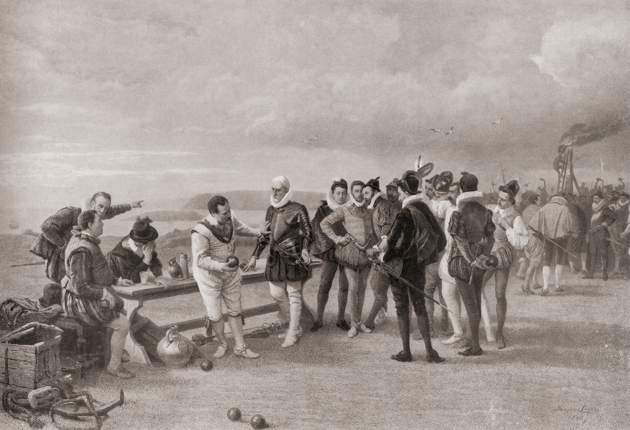 Sir Francis Drake spielt Bowls, mit der spanischen Armada in Sichtweite in Plymouth Hoe, England, 1588 von English School