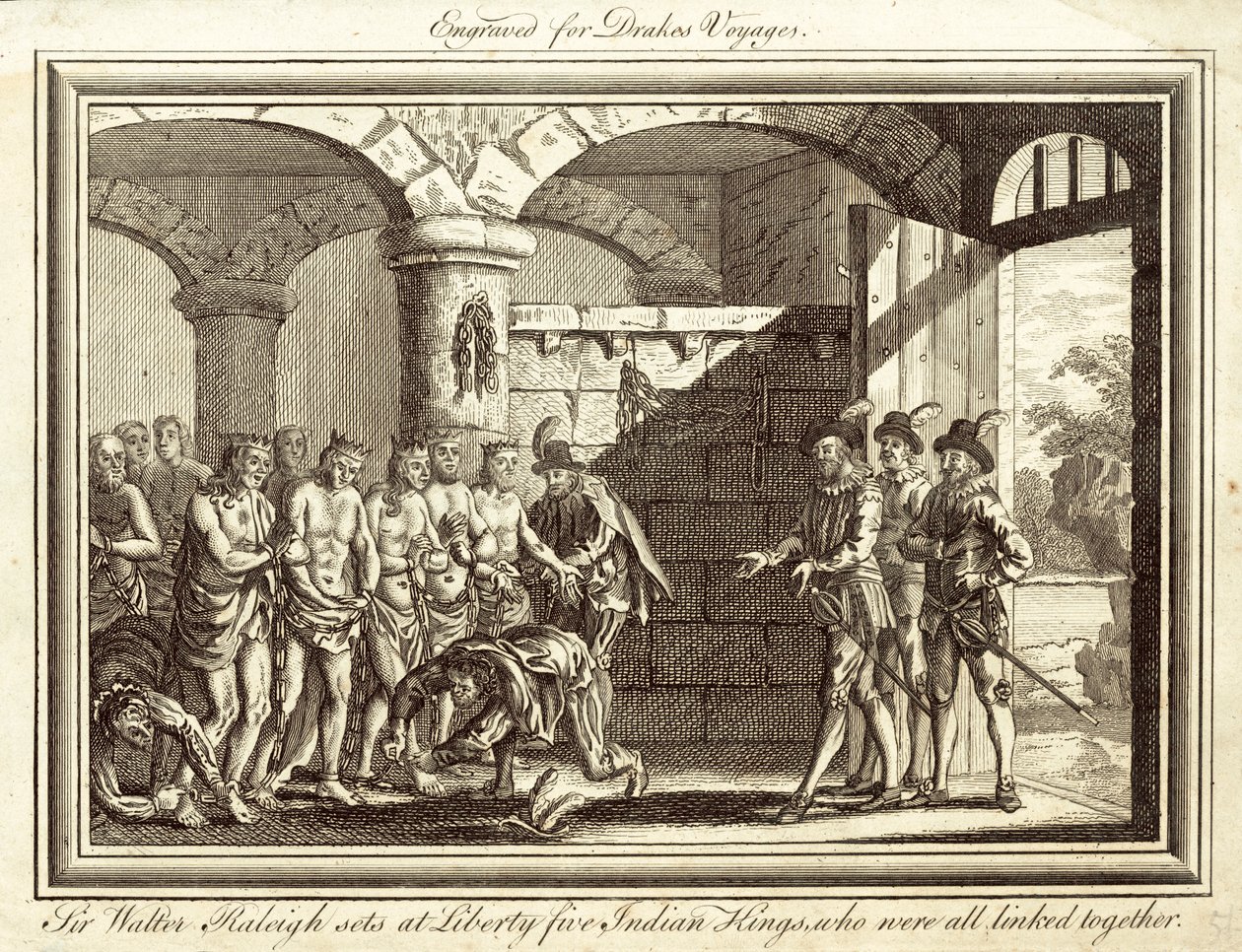 Sir Walter Raleigh befreit fünf indianische Könige, die alle miteinander verbunden waren (Gravur) von English School