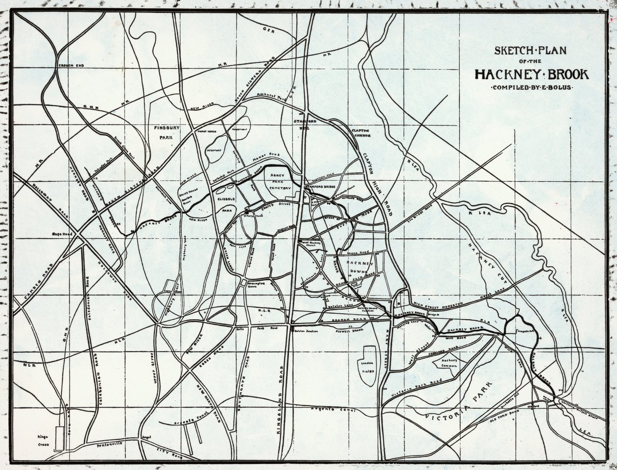Skizzenplan des Hackney Brook, erstellt von E. Bolus