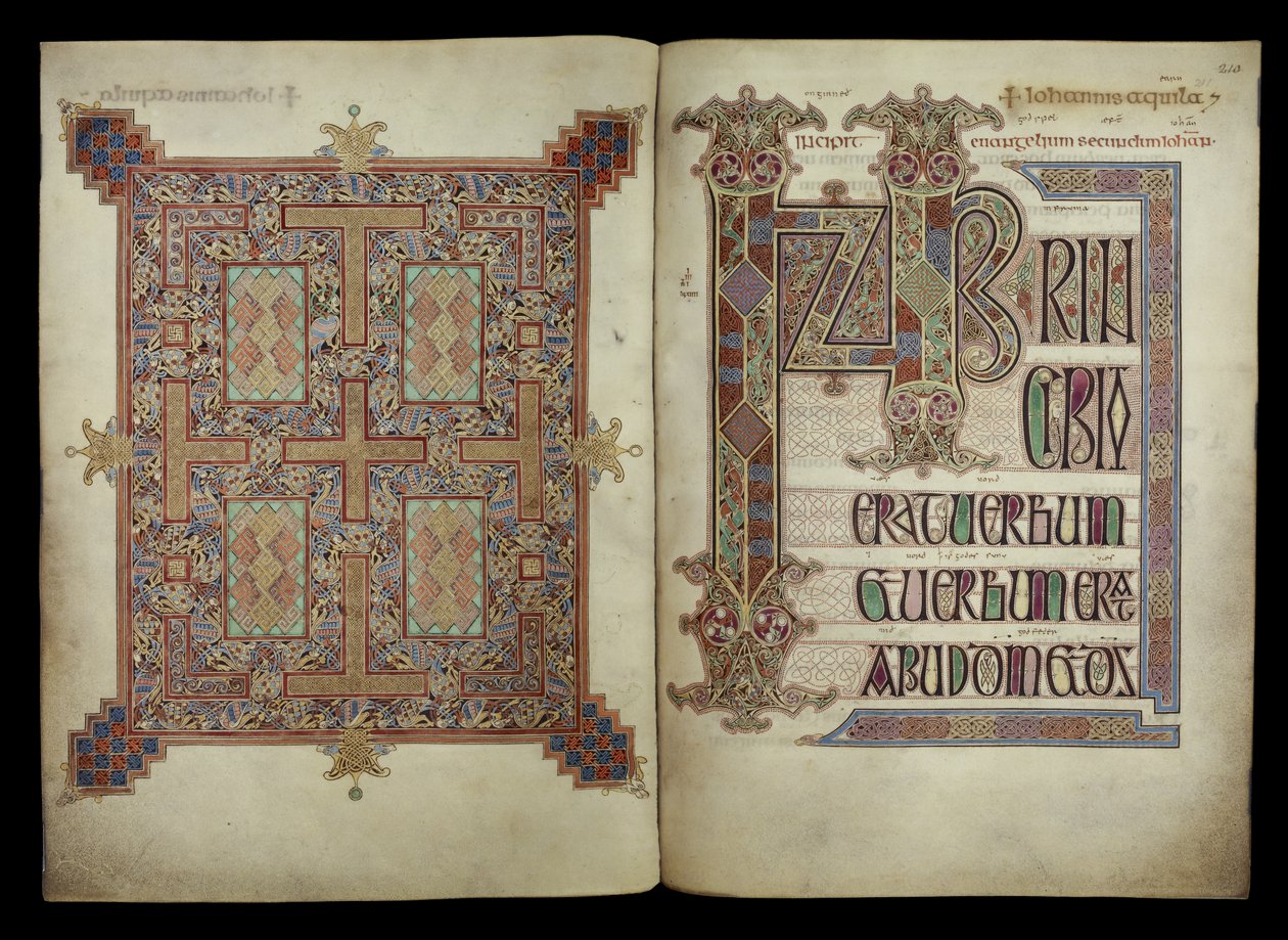Johannesevangelium; Teppichseite und Incipit-Seite, Cotton Nero D. IV, f.210v und f.211r aus den Lindisfarne-Evangelien, 710-721 von English School