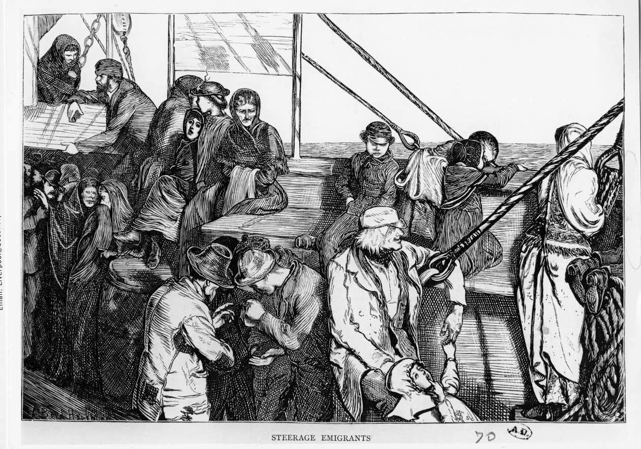 Zwischendeck-Auswanderer auf dem Deck eines Passagierschiffs von Europa in die Neue Welt, um 1870 von English School