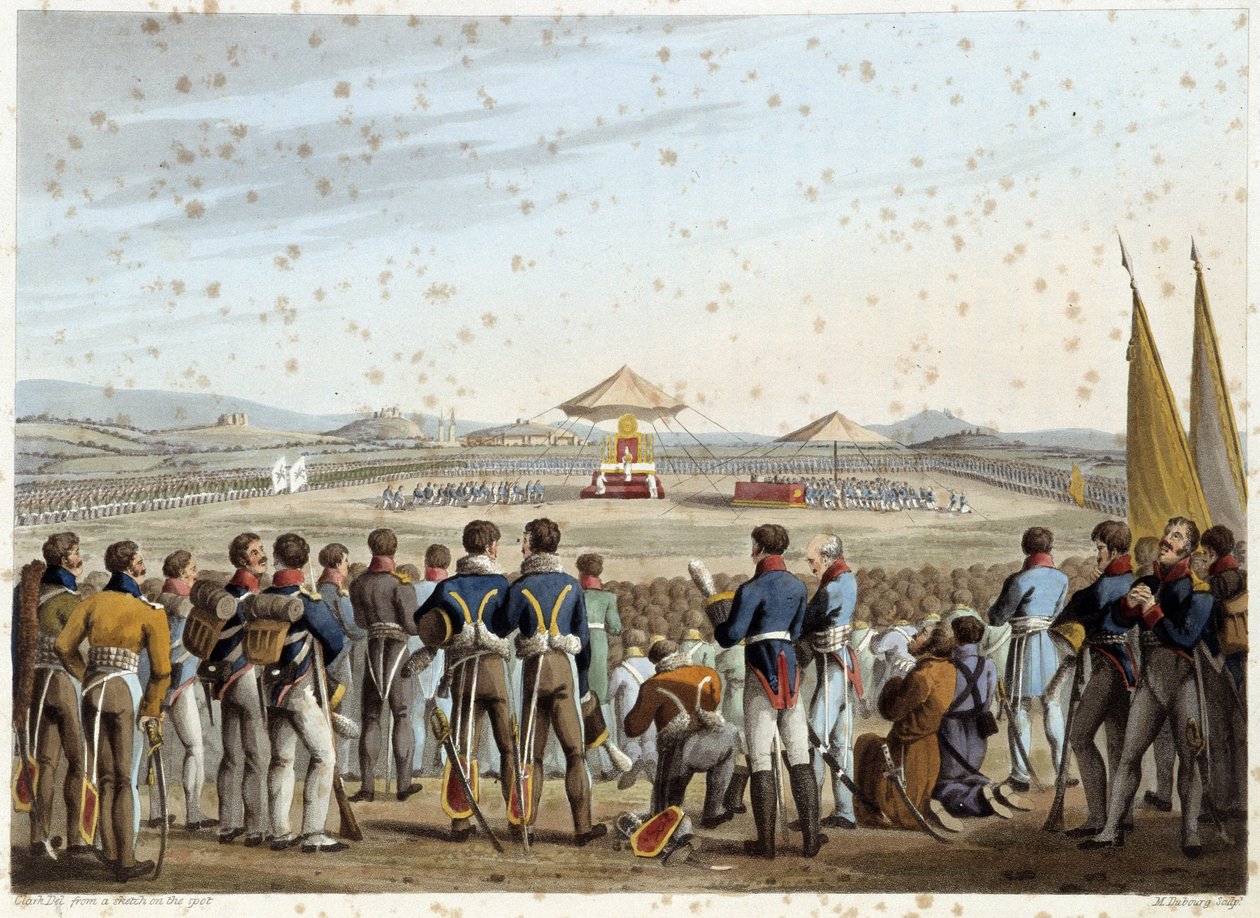 Te Deum auf dem Schlachtfeld in "Historical, military and naval anecdotes and incidents that arrived at the arms of Britain and their allies, ending at Waterloo" von Edward Orme. Illustriert von Fry, Sutherland, Clark, Dubourg, W.Heart, JA, Atkinson... Ed. von English School