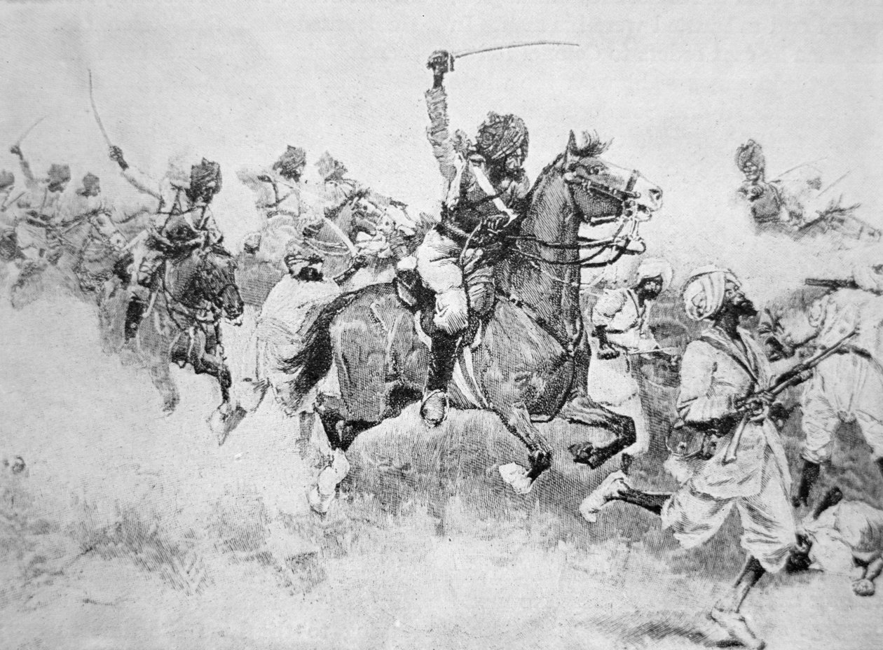 Die 9. Bengalische Kavallerie greift die Beloochees an, Schlacht von Meanee von English School