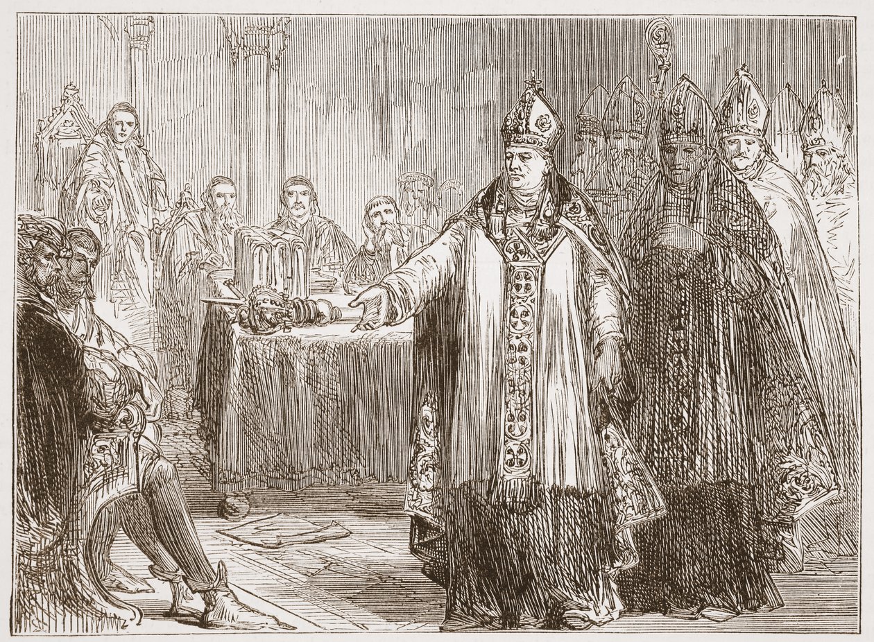 Die Erzbischöfe von York und Canterbury vor dem Parlament in der Westminster Abbey, Illustration aus Die Geschichte des Protestantismus von James Aitken Wylie, veröffentlicht 1878 von English School
