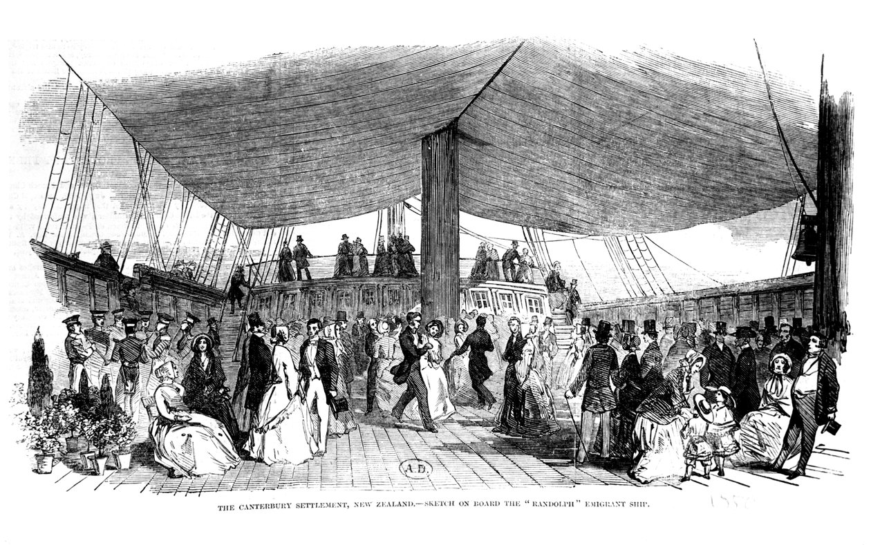 Die Canterbury-Siedlung, Neuseeland - Skizze an Bord des Auswandererschiffs Randolph, 1850 von English School