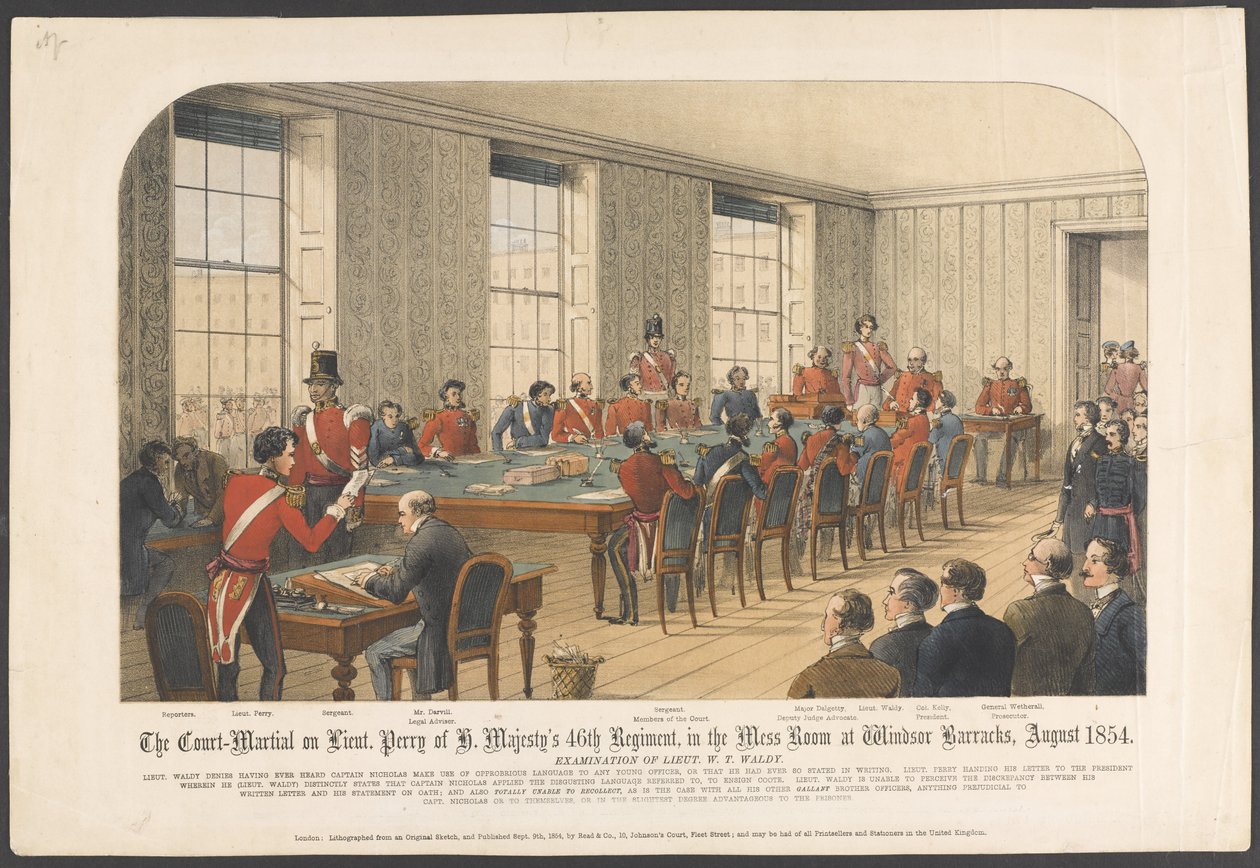 Das Kriegsgericht von Leutnant Perry des 46. Regiments Ihrer Majestät im Speisesaal der Windsor-Kaserne, August 1854 von English School