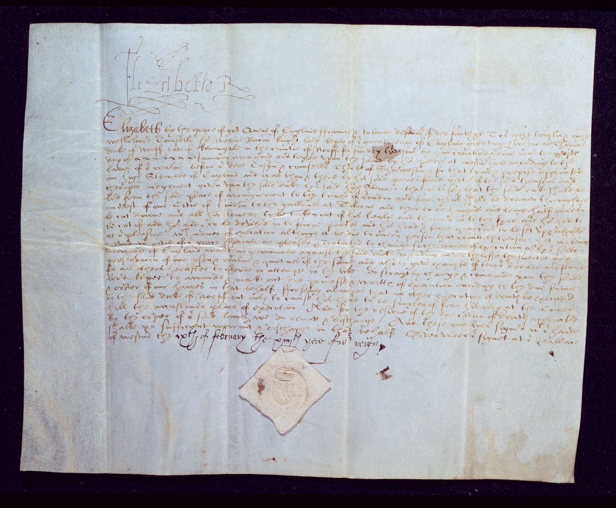 Der Todesbefehl von Thomas Howard, 4. Herzog von Norfolk, unterzeichnet von Königin Elisabeth I., 1572 (Tinte auf Pergament) von English School