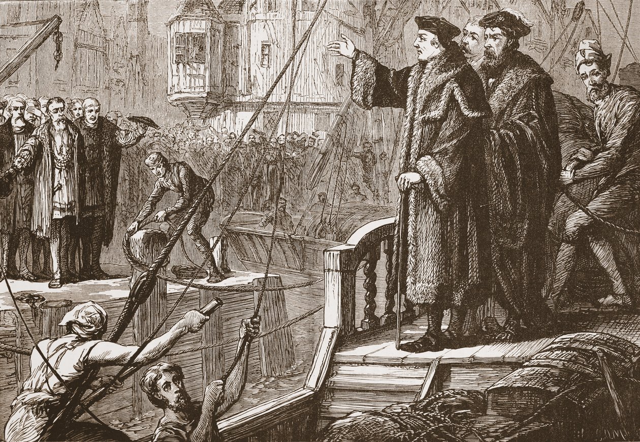 Die Abreise von Erasmus aus Basel, Illustration aus The History of Protestantism von James Aitken Wylie, veröffentlicht 1878 von English School