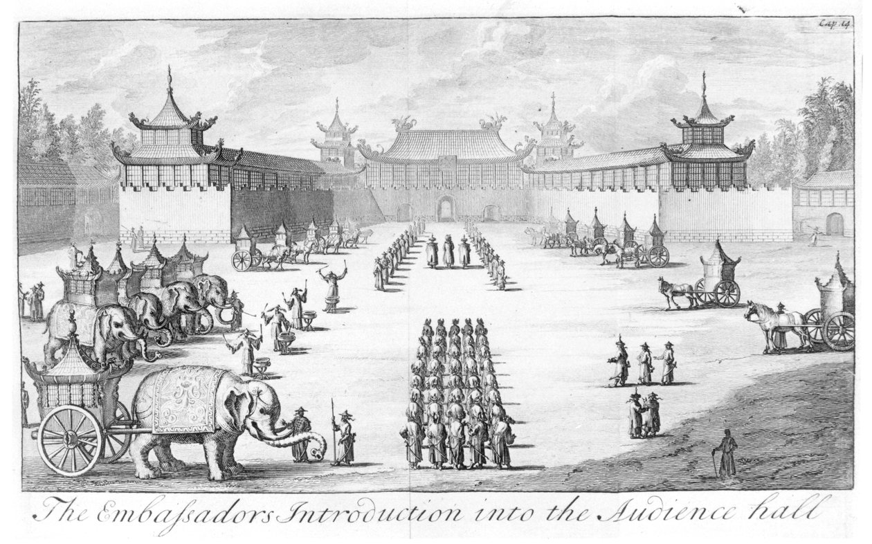 Die Einführung der Botschafter in den Audienzsaal: Empfang im chinesischen Kaiserpalast in Peking für die Botschaft von Zar Peter dem Großen, geleitet von Evert Isbrandz. Ides, aus Three Years Travels from Mo von English School
