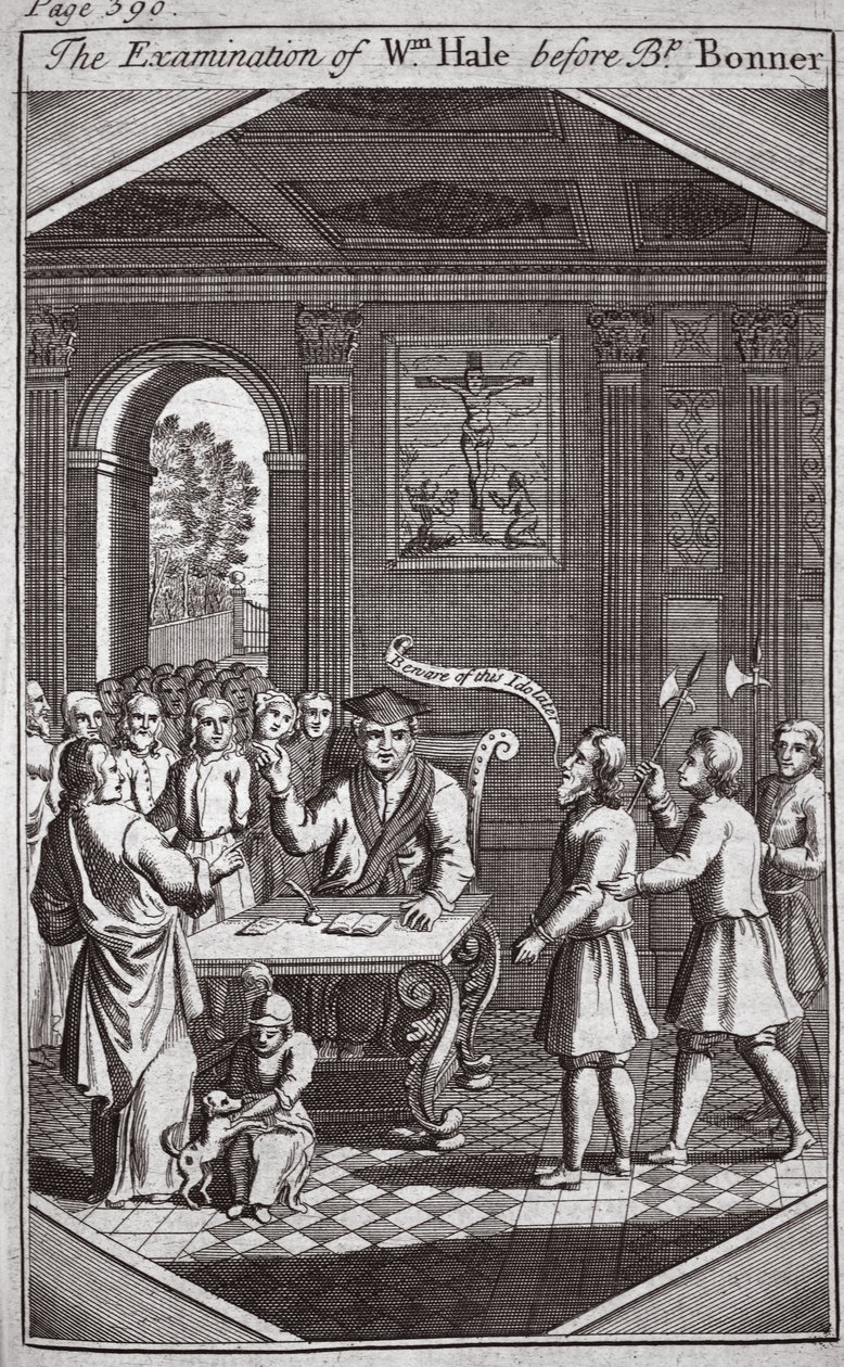 Die Vernehmung von Wm Hale vor Bischof Bonner, Illustration aus Foxes Märtyrer, ca. 1703 von English School