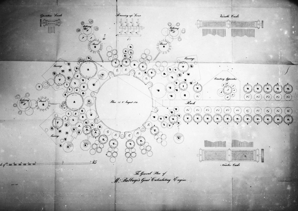 Der Gesamtplan von Mr. Babbages großer Rechenmaschine, graviert von Bolton, gedruckt von Lemercier Bernard & Co von English School