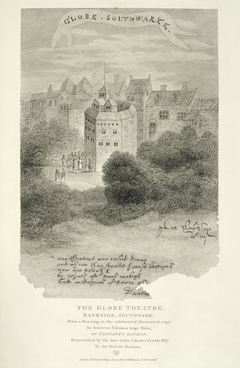 Das Globe Theatre, Bankside, Southwark, nach einer Zeichnung aus Pennants London, erstmals veröffentlicht 1793, graviert von James Stow (ca. 1770-1820), veröffentlicht 1812 von English School