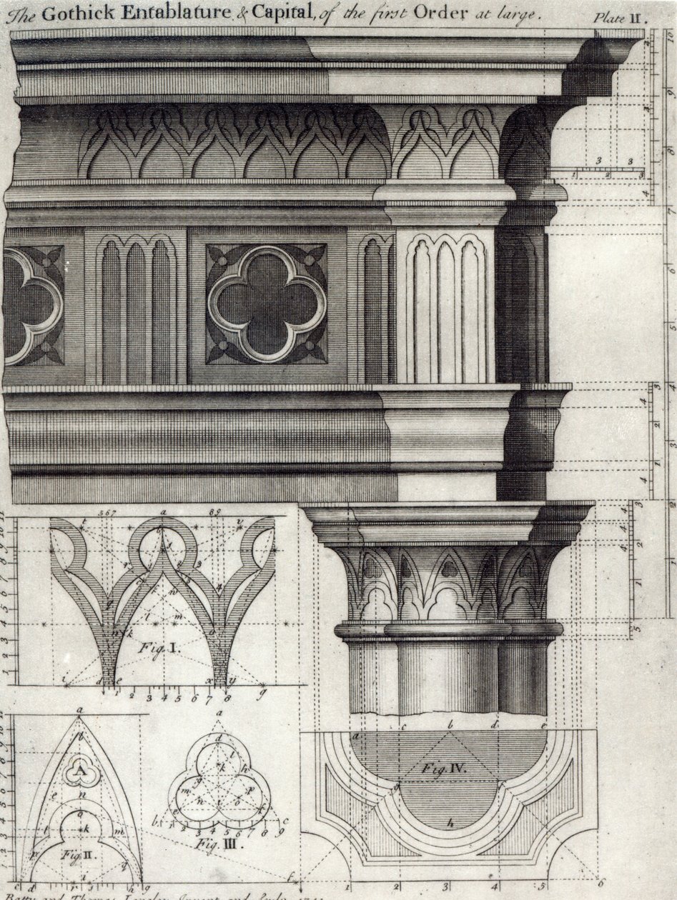 Das gotische Gebälk und Kapitell des ersten Ordens, 1741 von English School