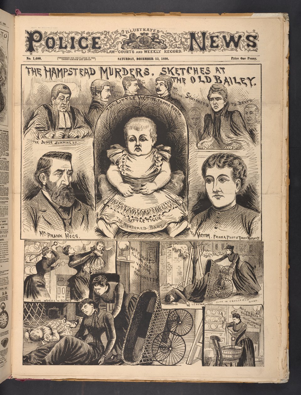 Die Hampstead-Morde, Skizzen am Old Bailey, aus The Illustrated Police News, Samstag, 13. Dezember 1890 von English School