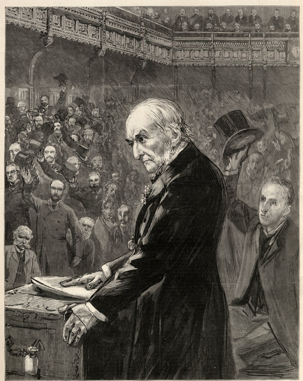 Das Unterhaus, 13. Februar 1893: William Ewart Gladstone, liberaler Premierminister, stellt das zweite Home Rule Bill vor von English School