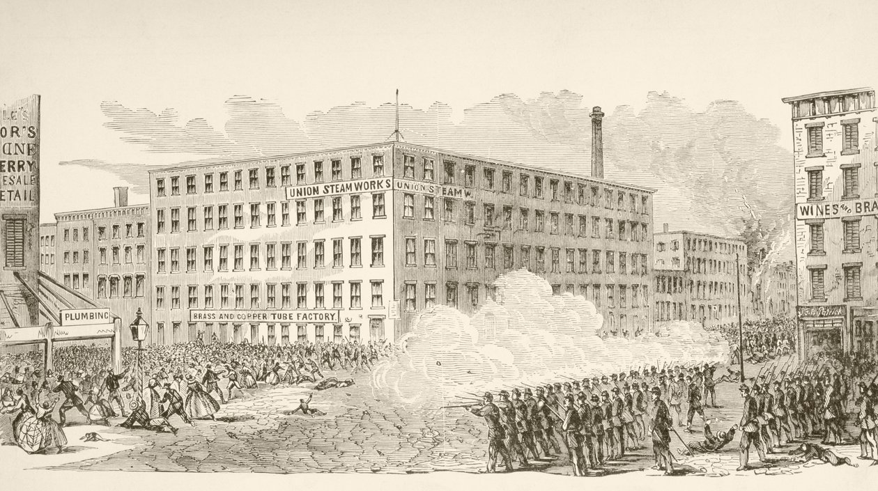 Der Vorfall in der Second Avenue während der New Yorker Draft Riots im Juli 1863 von English School