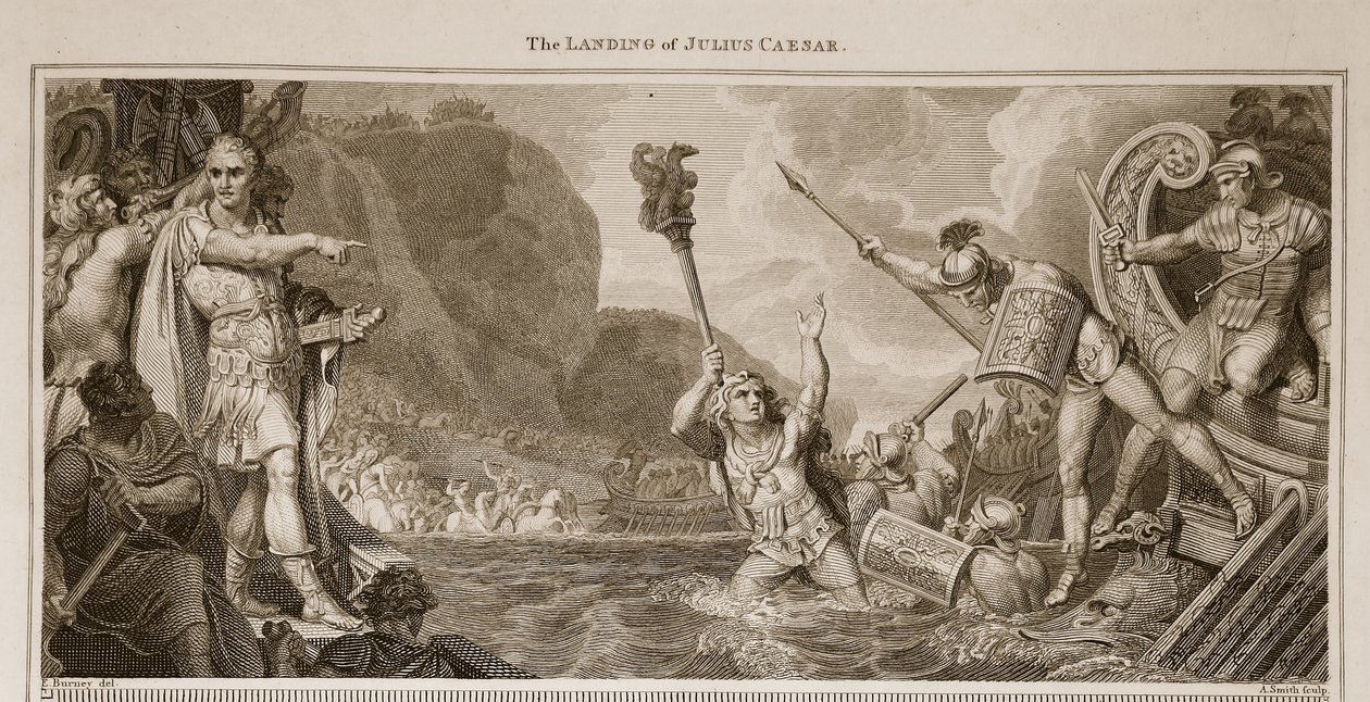 Die Landung von Julius Caesar, Illustration aus David Humes The History of England, veröffentlicht von R. Bowyer, London, 1812 von English School