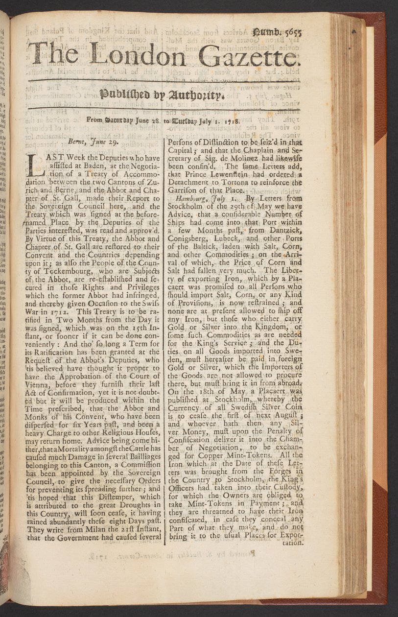 The London Gazette, Ausgabe 5655, Seite 1, 28. Juni 1718 von English School
