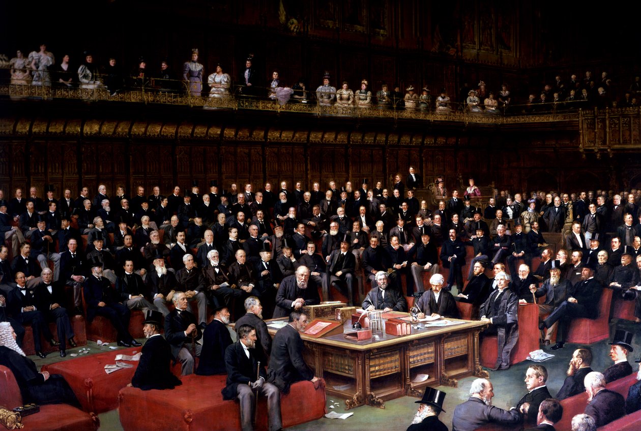 Der Lordkanzler kurz davor, die Frage in der Debatte über die Selbstverwaltung im House of Lords zu stellen, 1893 von English School