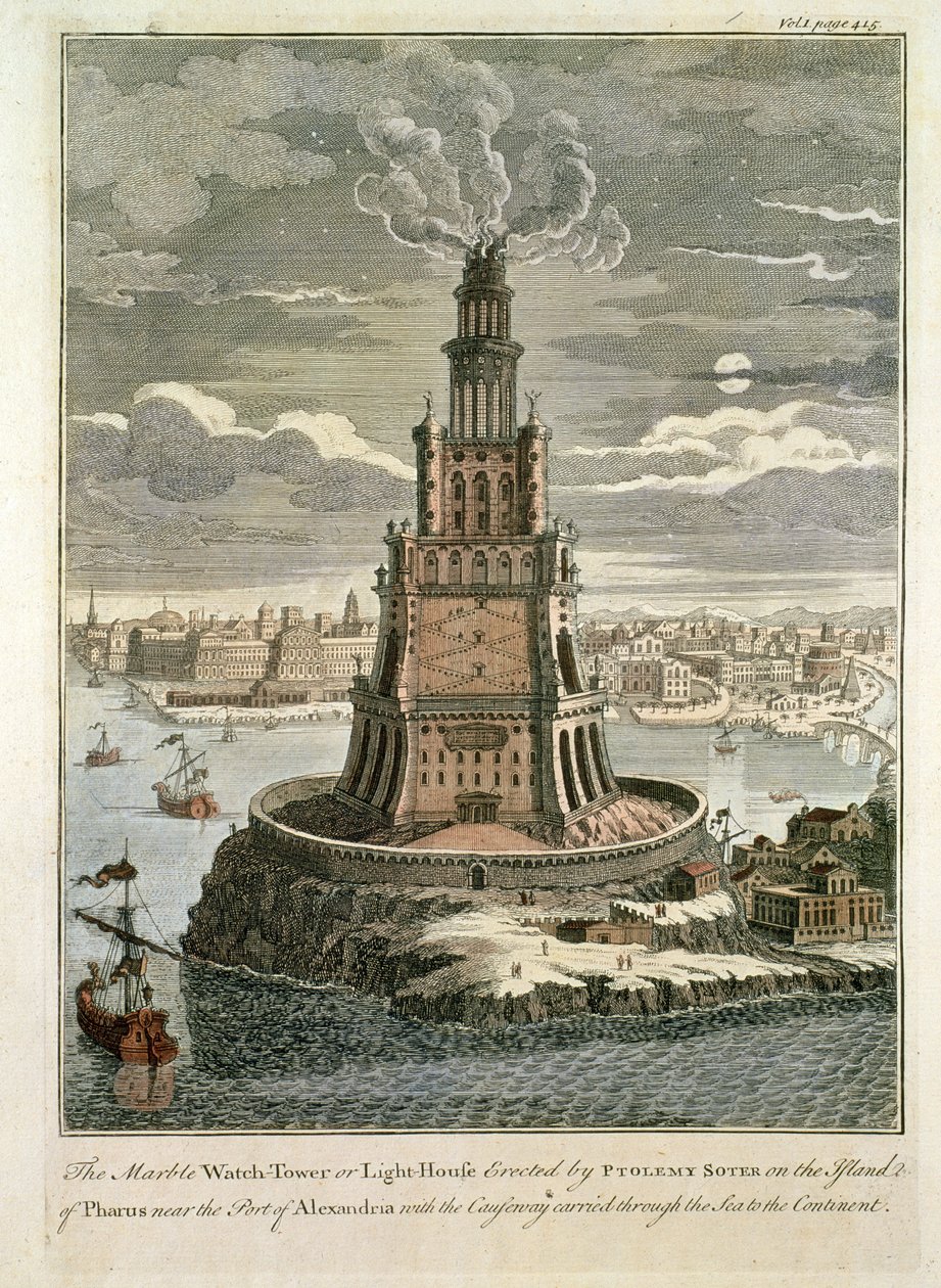 Der Marmorturm oder Leuchtturm, errichtet von Ptolemaios Soter auf der Insel Pharos, nahe dem Hafen von Alexandria von English School