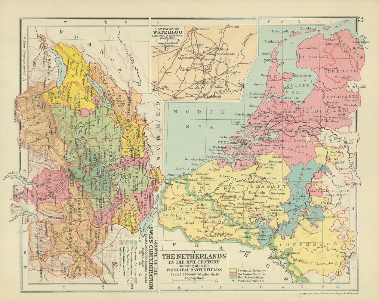 Die Niederlande im XVII. Jahrhundert mit den wichtigsten Schlachtfeldern (Farblithografie) von English School