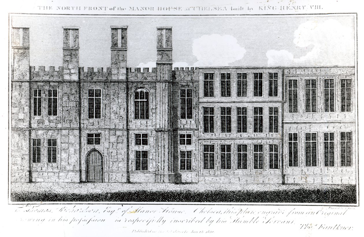 Die Nordfront des Herrenhauses in Chelsea, erbaut von König Heinrich VIII., graviert von J. Barlow, eine Illustration in A Historical and Topographical Account of Chelsea and its Environs von Thomas Faulkner von English School