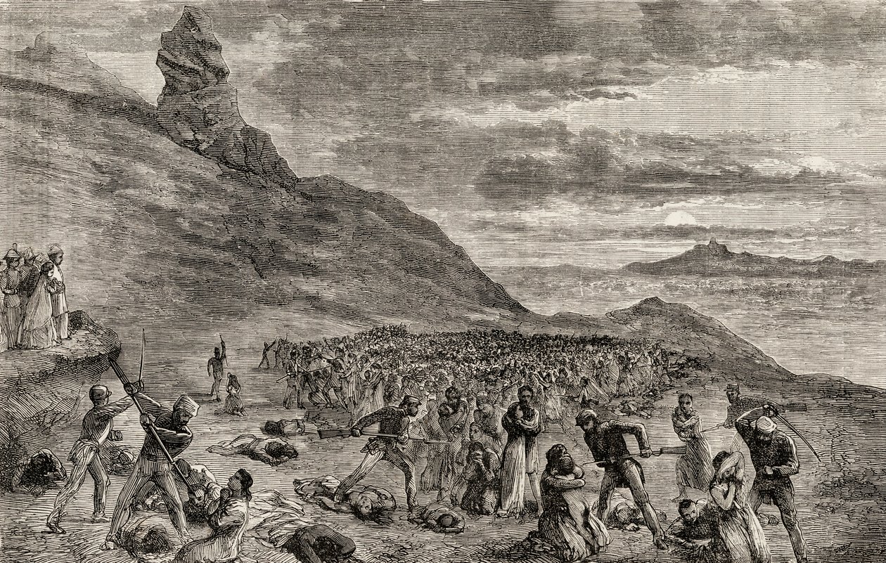 Die Verfolgung und das Massaker an den Christen auf der Insel Madagaskar im Jahr 1849 (Holzstich) von English School