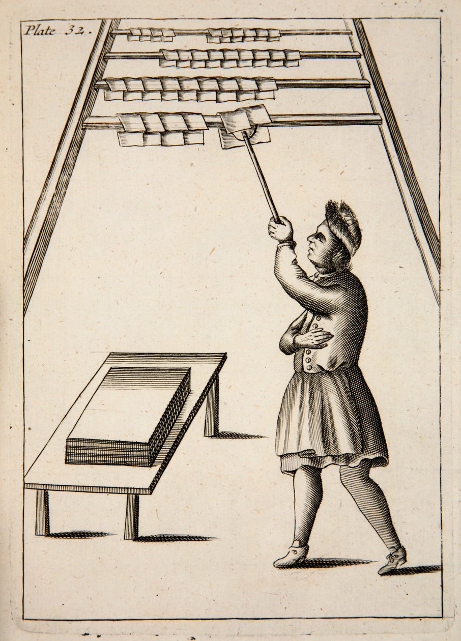 Der Drucker beim Aufhängen von Papier, veröffentlicht 1683 (Gravur) von English School