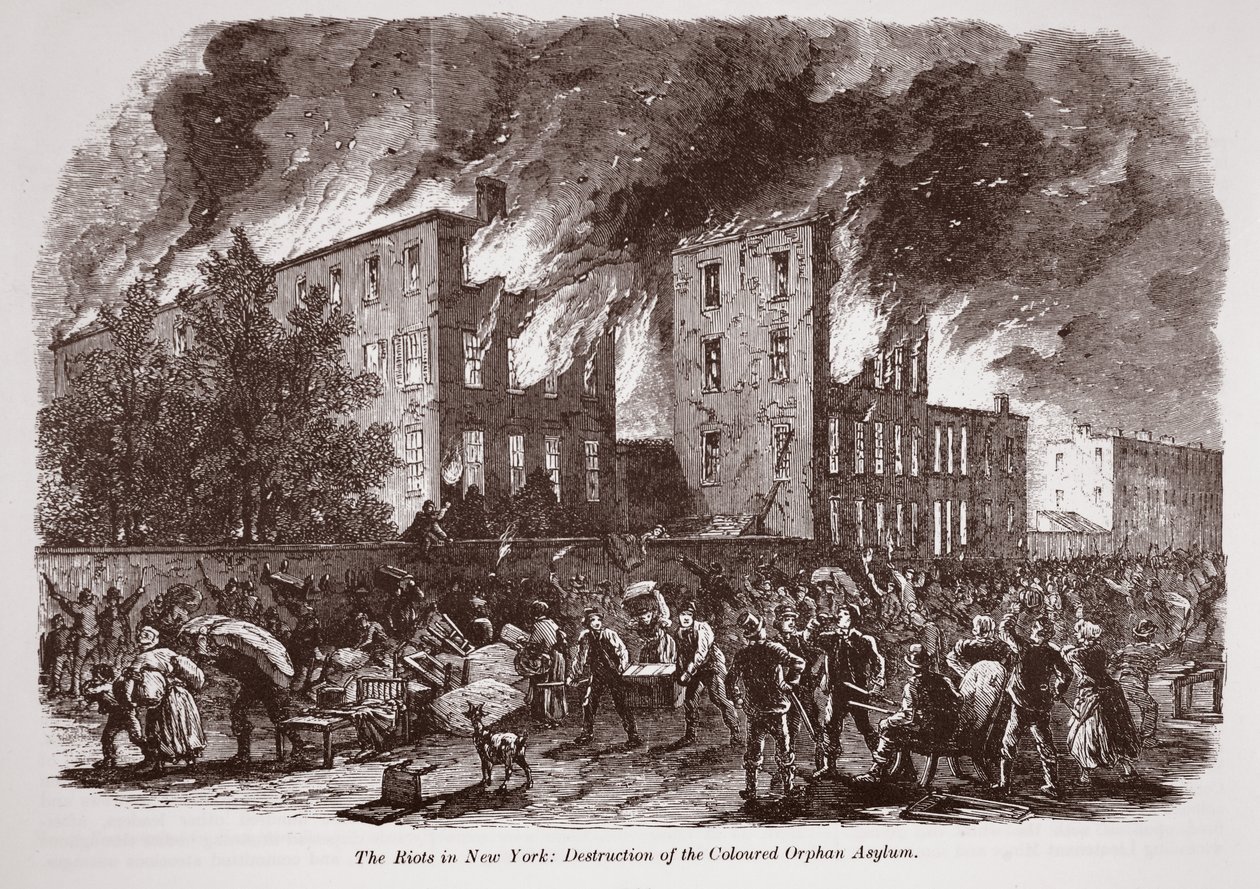 Die Unruhen in New York: Zerstörung des farbigen Waisenhauses von English School