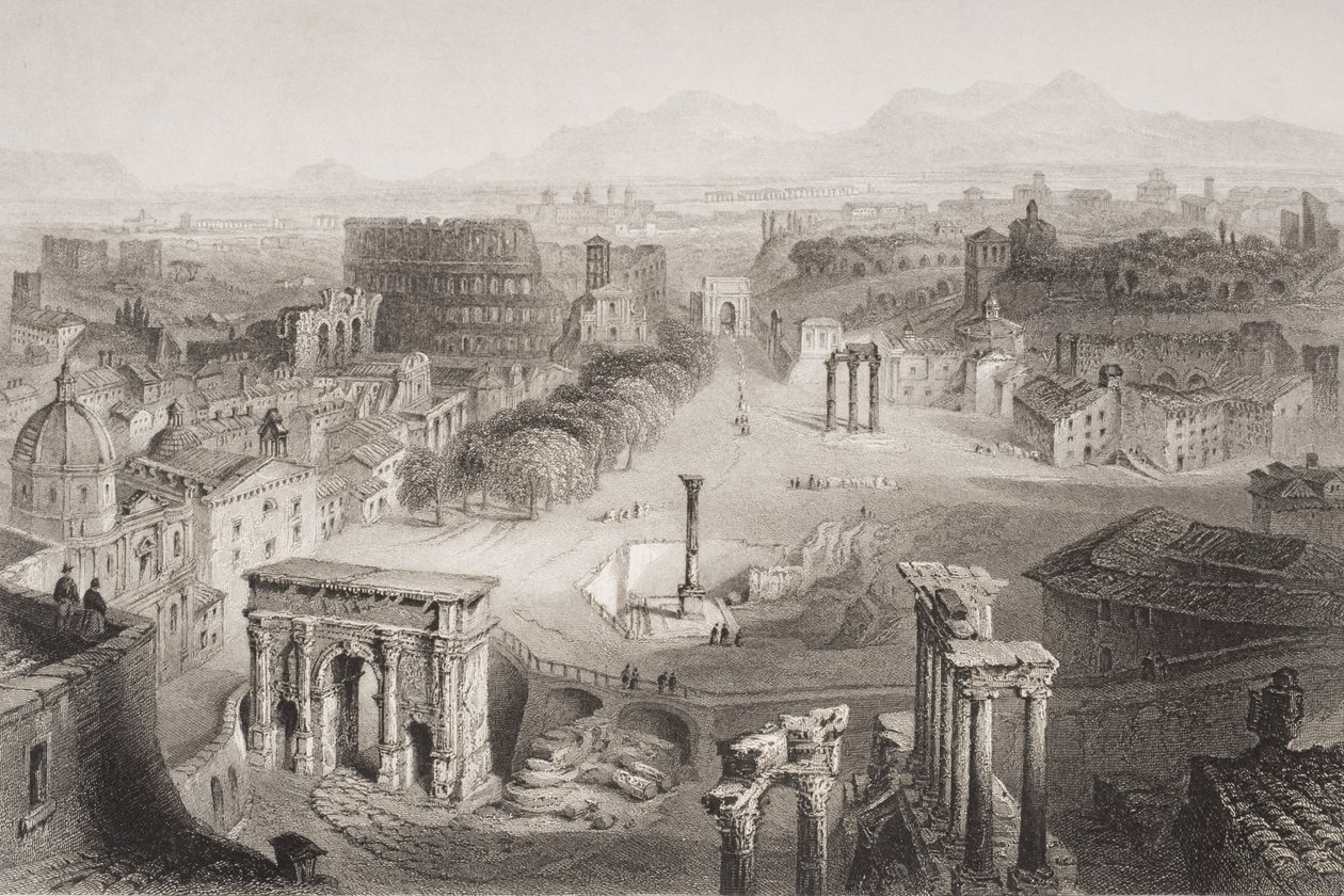 Das Forum Romanum vom Kapitolshügel, Rom, graviert von A. Willmore von English School