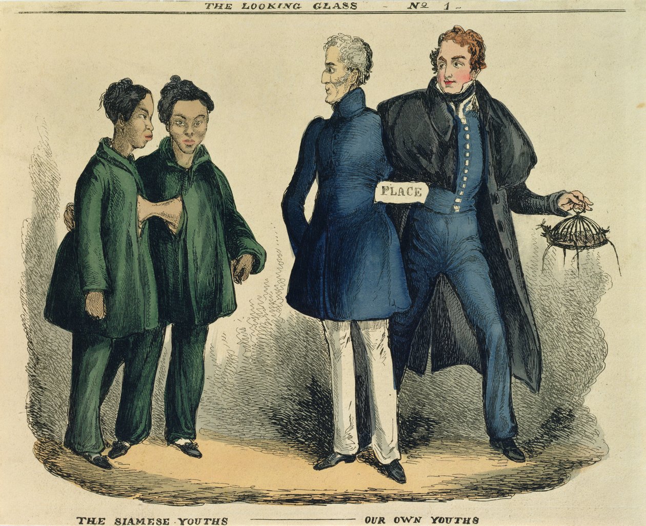 Die siamesischen Jungen - Unsere eigenen Jungen, satirische Karikatur aus The Looking Glass, ca. 1829 (farbige Radierung) von English School