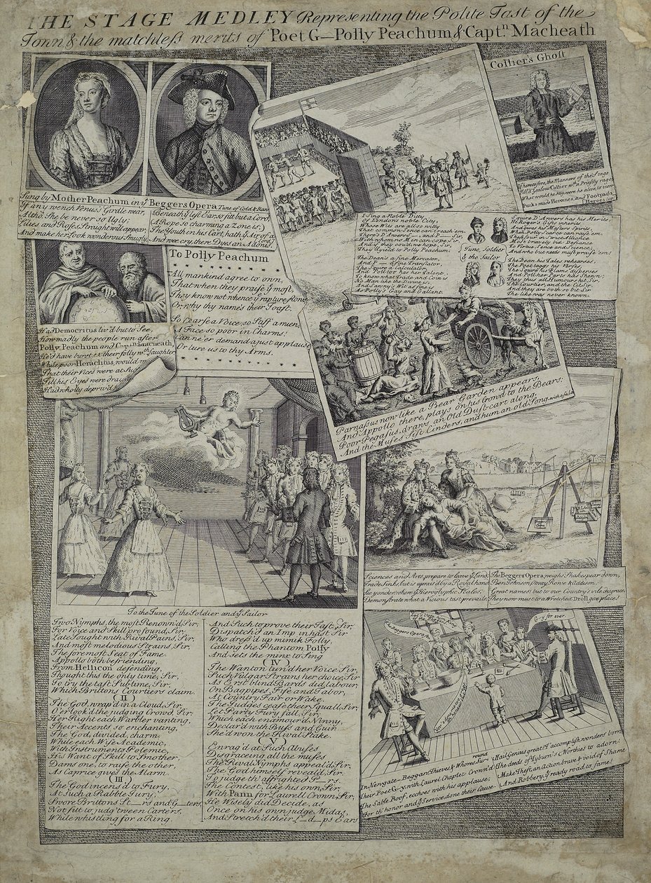 Das Bühnenmedley, das den höflichen Geschmack der Stadt und die unvergleichlichen Verdienste des Dichters G., Polly Peachum und Captain Macheath darstellt, ca. 1728 von English School