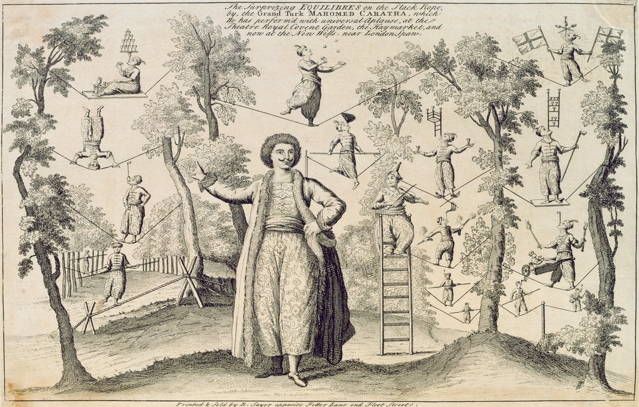 Die überraschenden Gleichgewichte auf dem Seil von dem Großtürken, Mahomed Caratha, gedruckt von Robert Sayer (fl. 1750-80) von English School