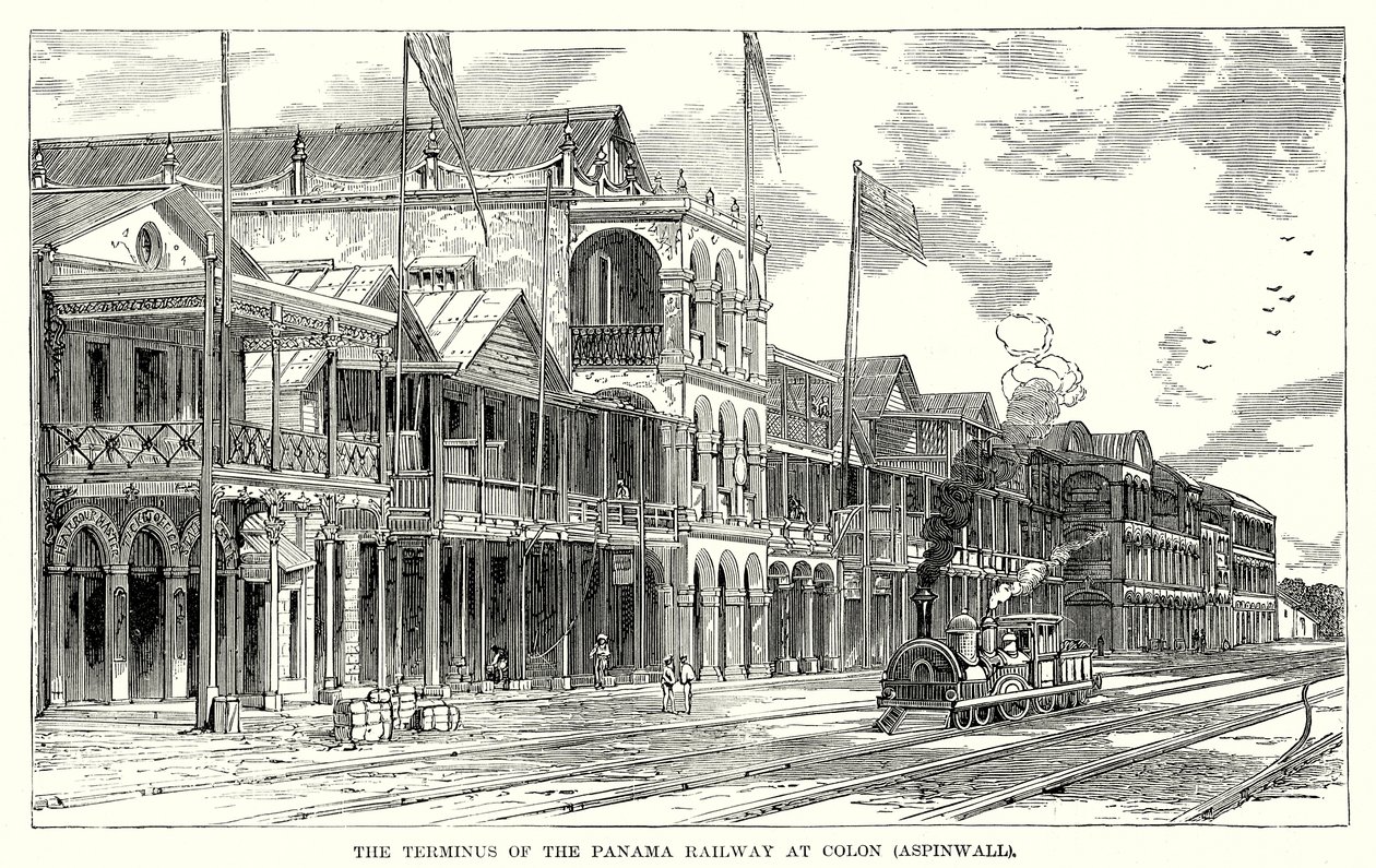 Der Endpunkt der Panama-Eisenbahn in Colon (Aspinwall) (Gravur) von English School