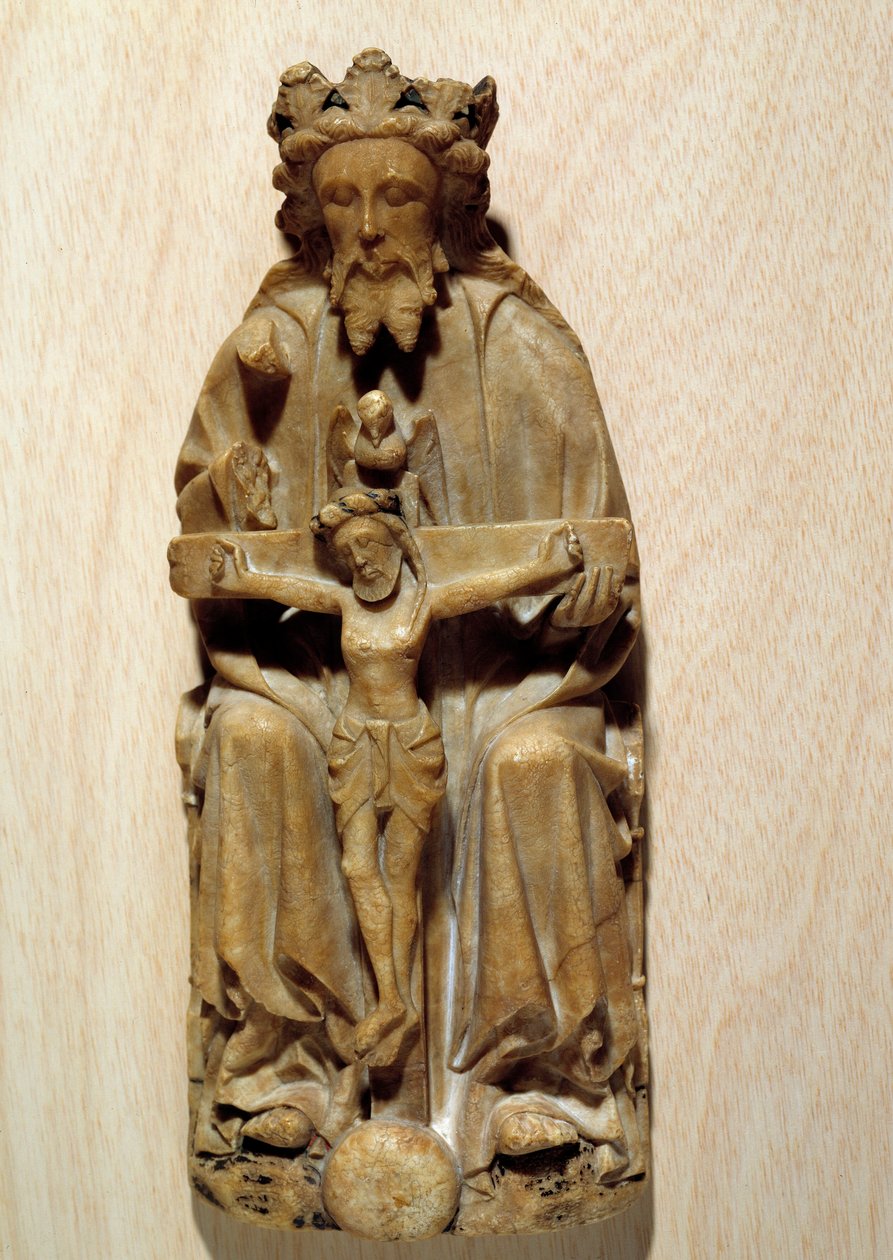 Die Dreifaltigkeit Gott versucht seinen Sohn Jesus am Kreuz. Skulptur in Alabaster der englischen Schule. 15. Jahrhundert Paris, Nationalmuseum des Mittelalters, Thermes de Cluny von English School