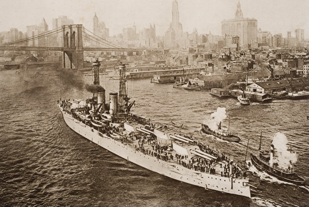 Das Schlachtschiff der Vereinigten Staaten, Texas, verlässt den New Yorker Hafen, Illustration aus 