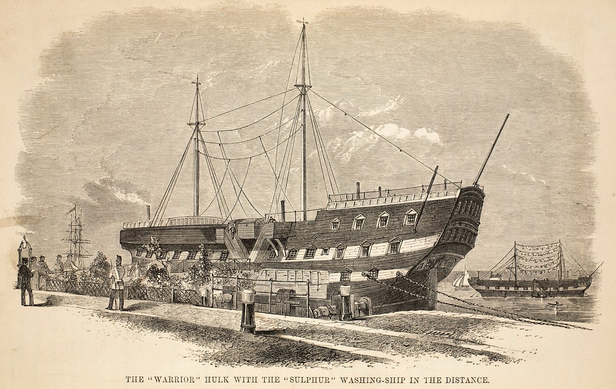 Die Warrior-Hulk mit dem Sulphur-Waschschiff in der Ferne, Illustration aus The Criminal Prisons of London and Scenes from Prison Life von Henry Mayhew und John Binny, veröffentlicht 1862 von English School