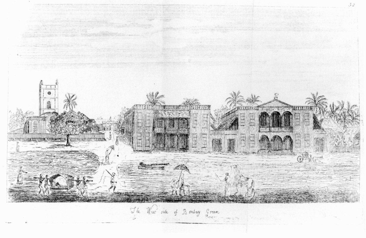 Die Westseite von Bombay Green, Indien, aus Voyage to the East Indies von John Henry Grose, 2. Ausgabe, 1766 von English School