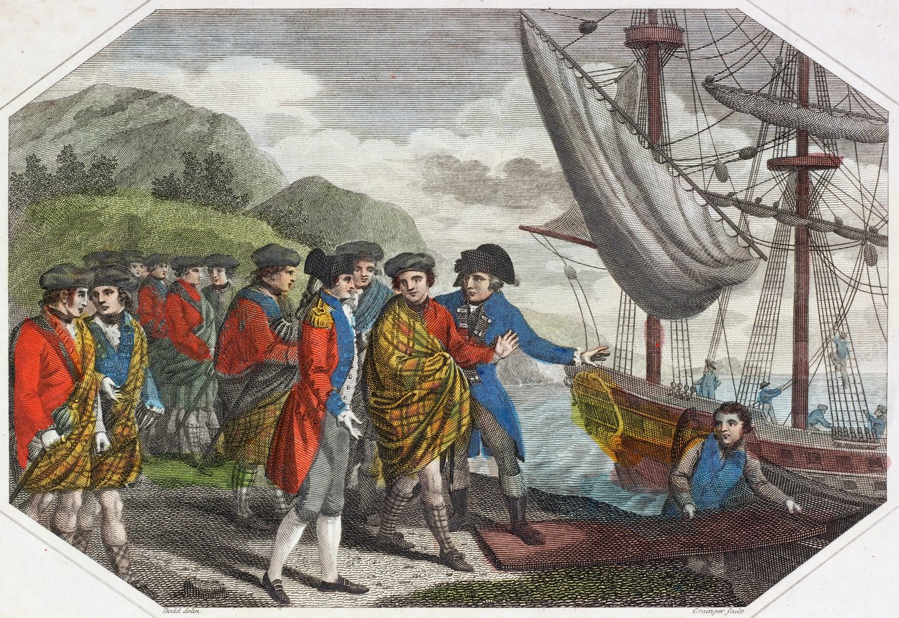 Der junge Prätendent nach seiner Niederlage bei Culloden auf dem Weg nach Frankreich (farbiger Stich) von English School