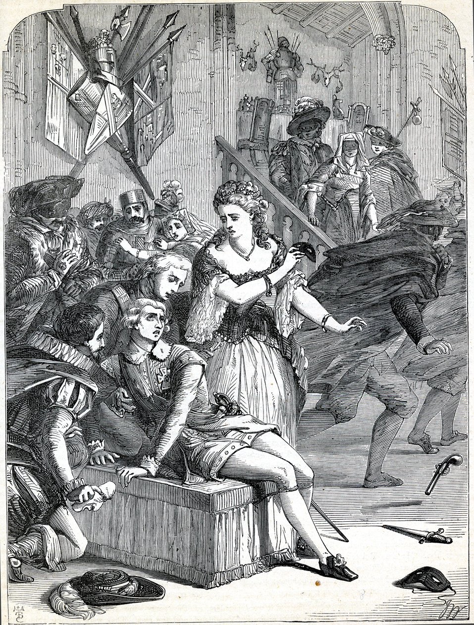 Die Ermordung von Gustav III. durch Jackob Johan Anckarström auf einem Maskenball, Stockholm, Schweden, 1792 (Gravur) von English School