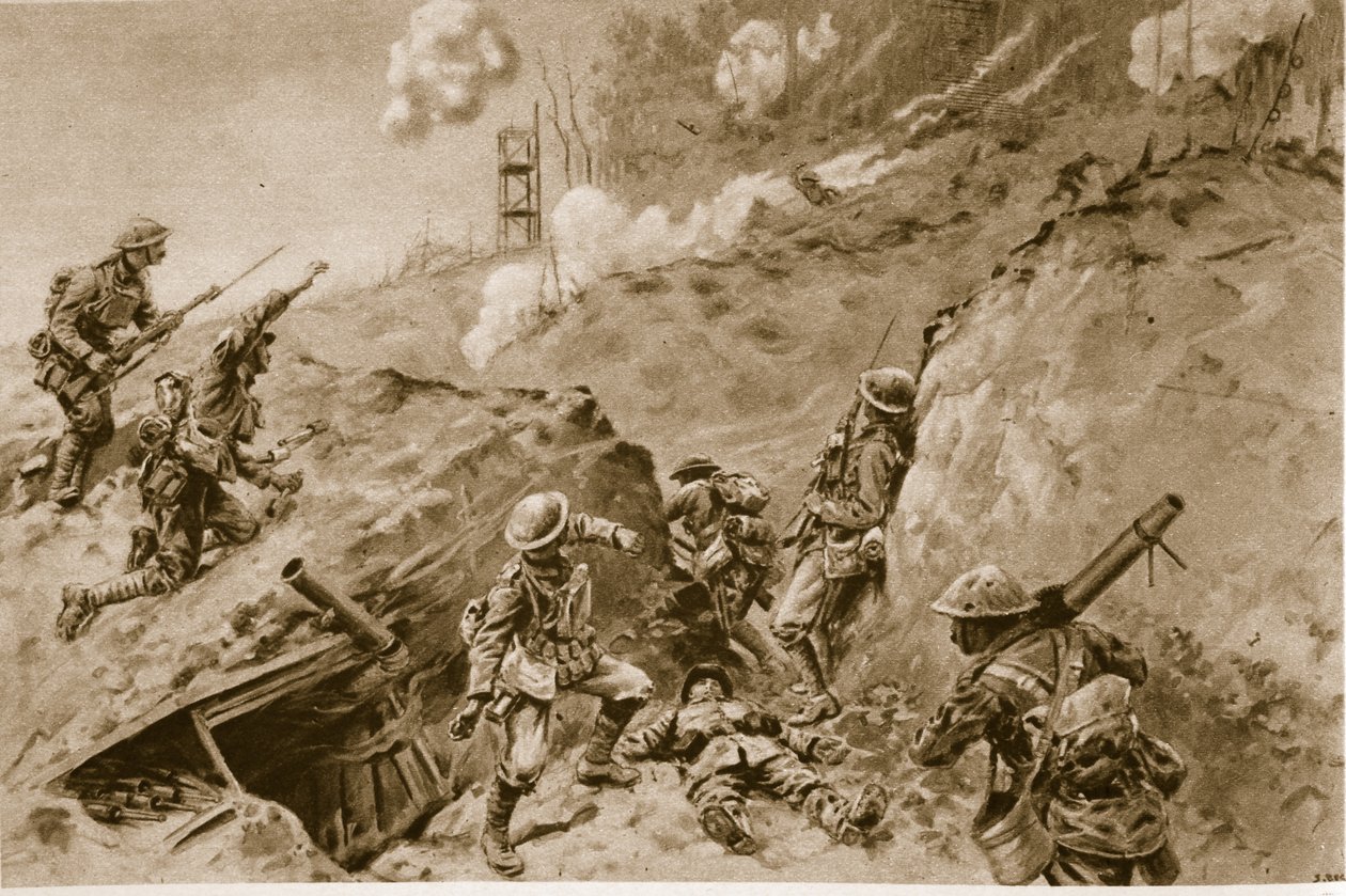 Die schrecklichen Hohlwege, die zu Oppy Wood führten, britische Bomber arbeiten entlang der deutschen Schützengräben, 1914-19 von English School