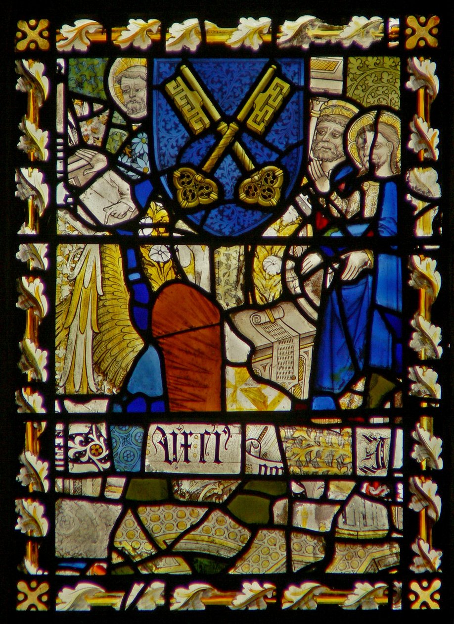 Das Ostfenster, das den heiligen Johannes, den heiligen Petrus am Tor, ein Schild mit einem Symbol des heiligen Petrus darstellt von English School