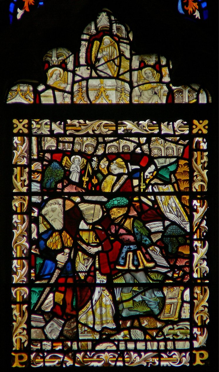 Das Ostfenster, das den heiligen Johannes auf Patmos und Engelmusiker im Baldachin darstellt von English School