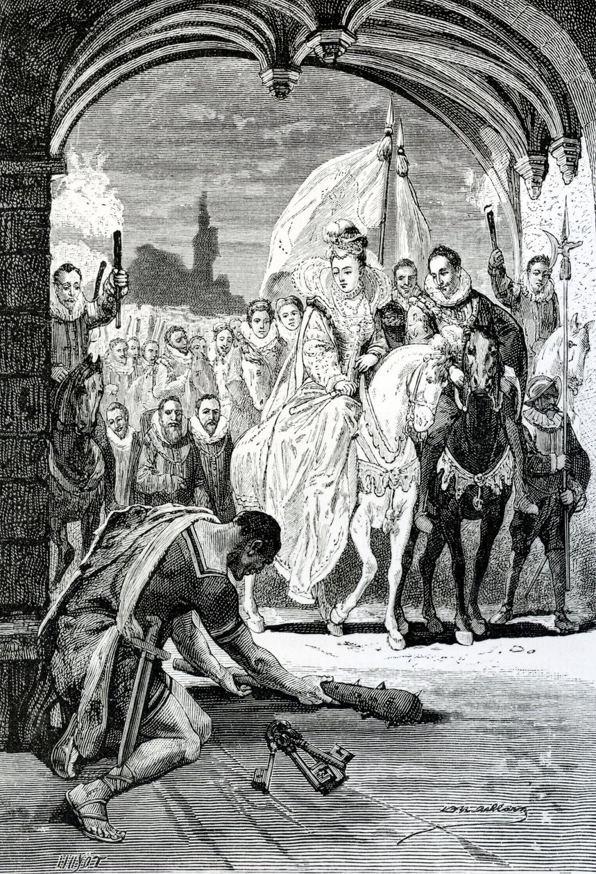 Der Eintritt von Königin Elisabeth in das Schloss Kenilworth, 19. Jahrhundert von English School