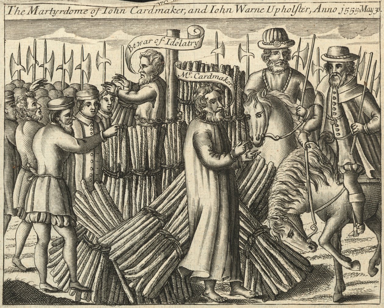 Das Martyrium von John Cardmaker und John Warne, Polsterer, 30. Mai 1555 (Gravur) von English School